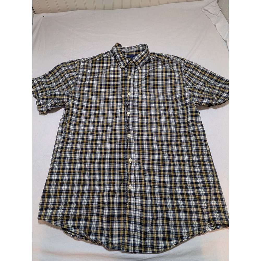 Cherokee Mens Plaid Button Down Shirt Short Sleeve Navy Yellow Cotton Size M